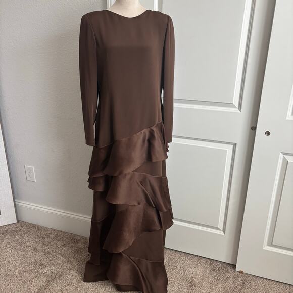 VTG Carolina Herrera Bergdorf Goodman Brown Silk Gown Long Sleeve Tiered Sz 14 - Picture 3 of 16